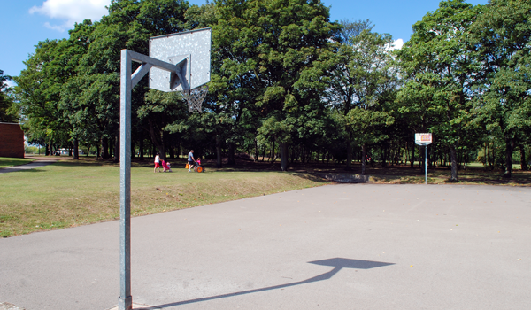 Basket Ball Court with large trees in the background