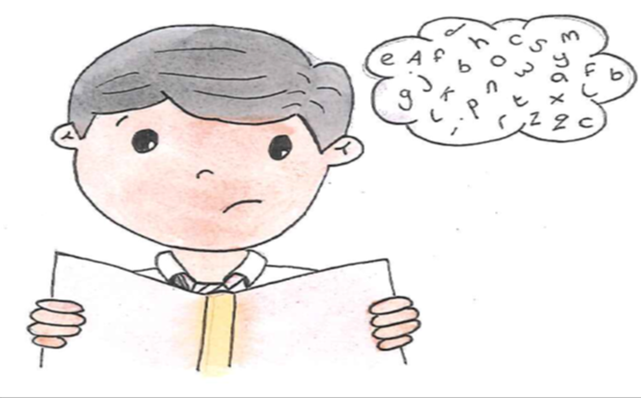 Drawing of a boy with a book looking confused