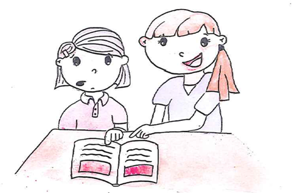 Drawing of a woman helping a child read a book 