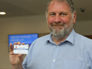 Cllr Sheppard with an example of the Rothercard