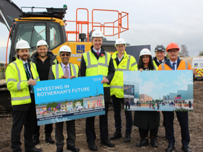 •	Staff from Rotherham Council and Muse Developments with Elected Members and a representative of one of the restaurants, Cow and Cream, onsite at Forge Island.