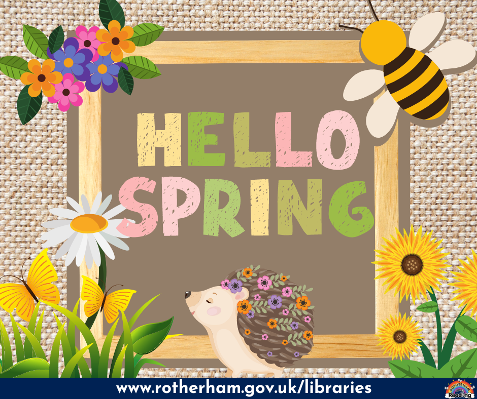 The words hello spring, with a bee, hedgehog and flowers.