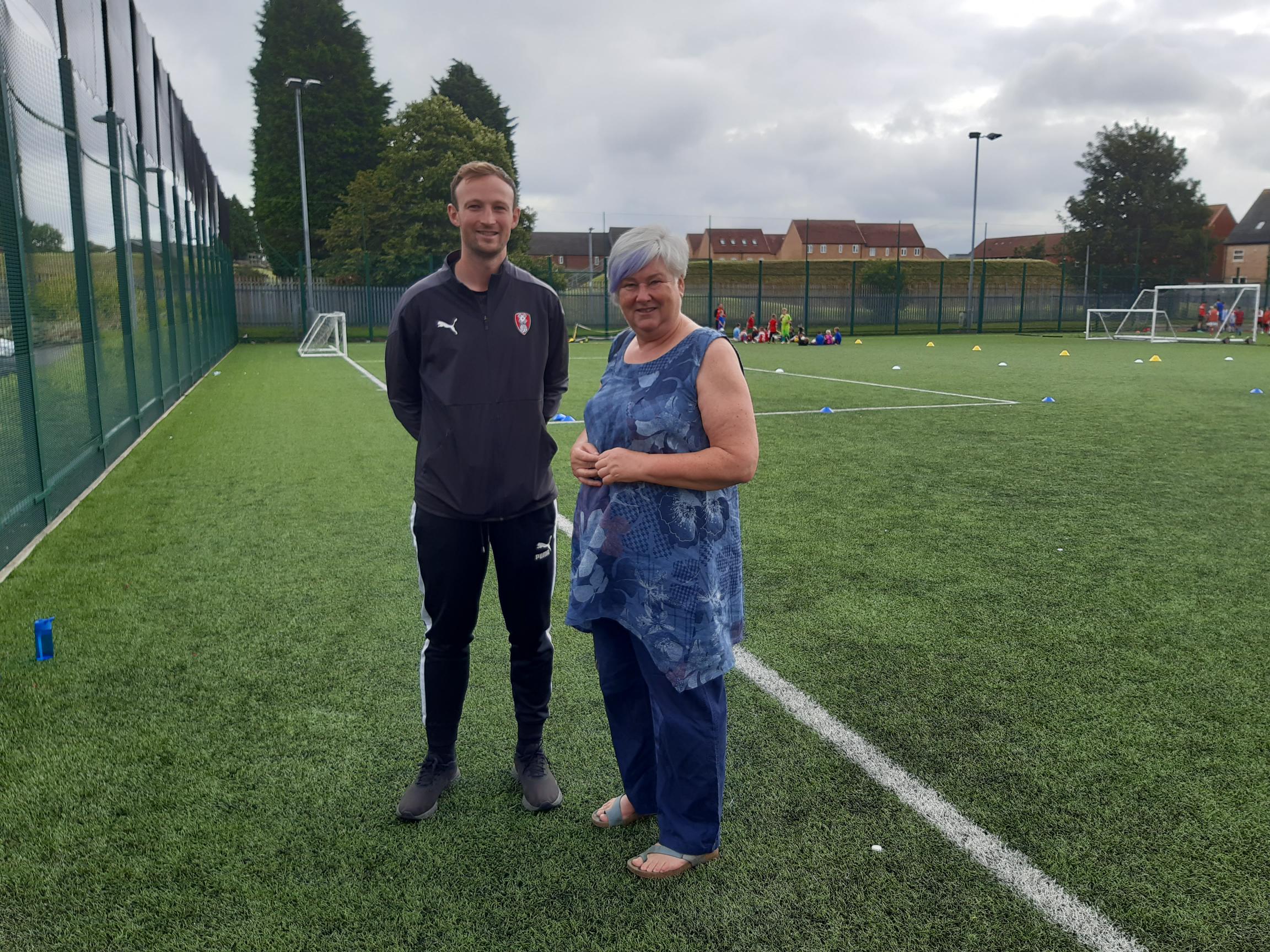 Councillor Sue Ellis with Jonathan Gilberthorpe, Rotherham United&#039;s Schools and Sports Participation Manager
