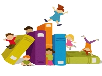 Illustrated children climbing on large colourful books