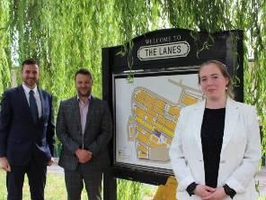 Cllr Amy Brookes at the Lanes with Jordan Hammond from EQUANS and George Temple from Rotherham Council.