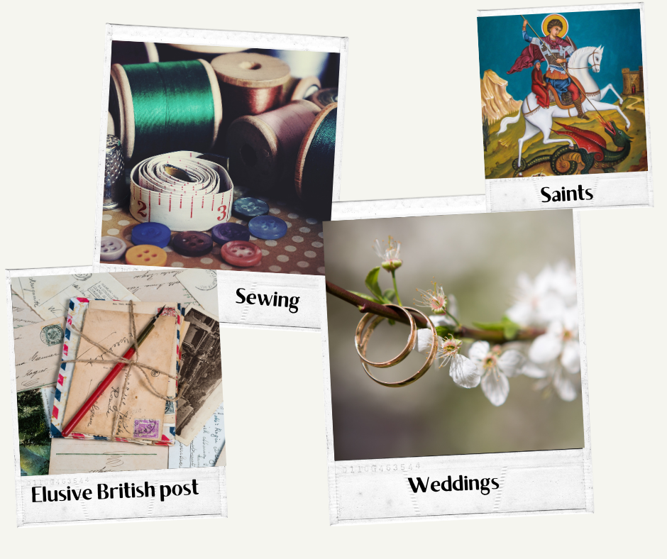 Framed pictures of post, sewing material, wedding rings and the patron saint of England