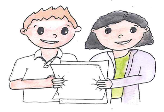 Drawing of a woman helping a boy to read a document