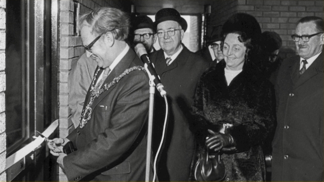 black and white photo of the opening of Oakhill Flats in the 1960's