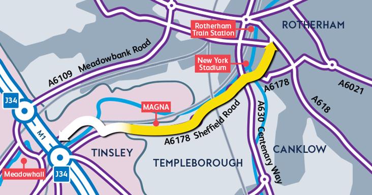 A map showing a highlighted route from Tinsley running west into central Rotherham