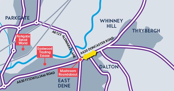 Simple map of the Dalton area showing where the extra lane will be added to the A630