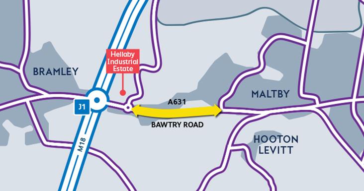 Simple map highlighting the bus corridor location on the A631