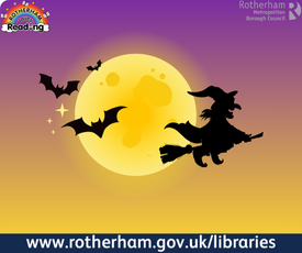 Purple and orange sunset with a yellow moon. Silhouette of bats and a witch are in front of the moon.