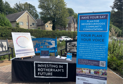 A stand with posters and boards about investing in Rotherham&#039;s future.