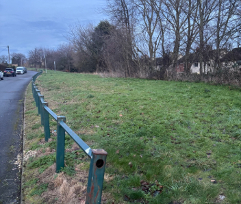 A grass area with a green fence around it.