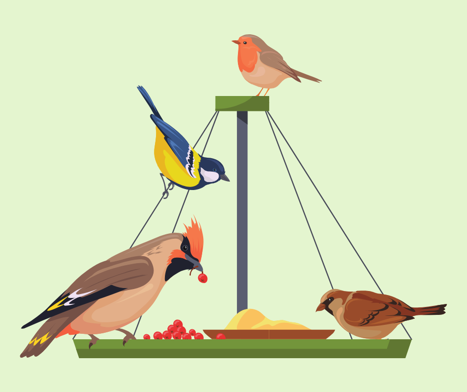 Birds feeding from a bird feeder.