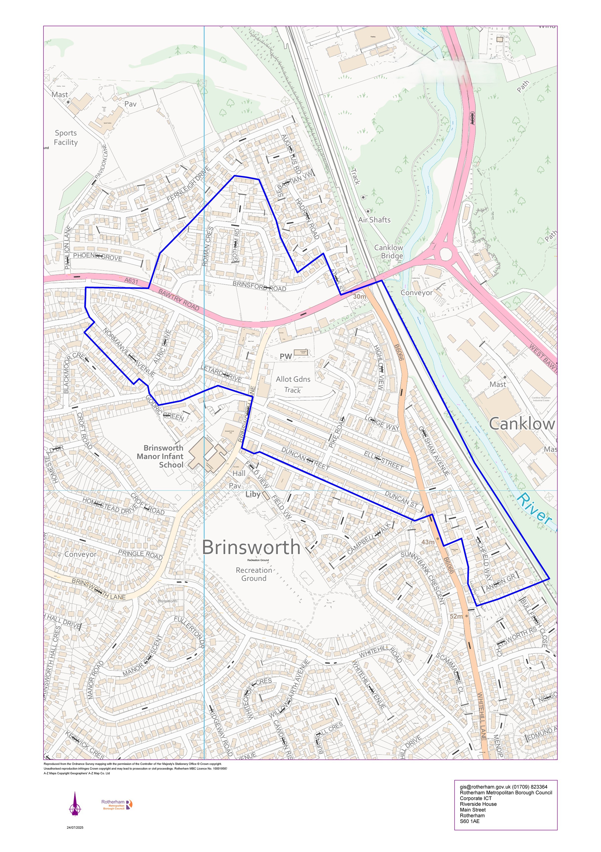 A map with a blue boundary line of Brinsworth.