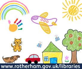 Children's drawing of a house, tree, car, car, aeroplane and the sun