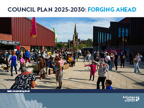 Children and adults playing, sitting and walking around in the sunshine, with food vendors, buildings and Rotherham Minister in the background. The text says Council Plan 2025-2030: Forging Ahead