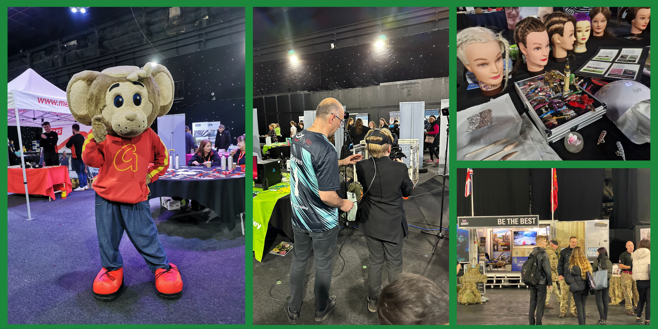 Career fair collage with a mouse mascot, hairdressing booth, military stand, and tech display.