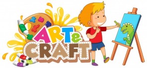 Art and Craft logo. child painting on a canvas with paints and palate behind the words