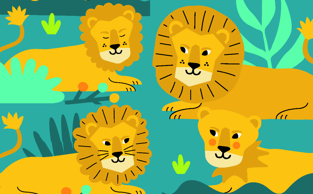 Cartoon image of lion cubs in a jungle.