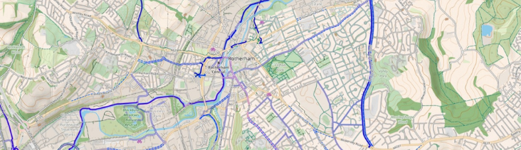 Preview of opens street map showing Rotherham cycle routes 
