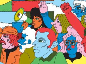 Cartoon image of people in vibrant colours