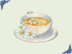 Image of a cup of tea with flowers floating on top and on the side of the cup