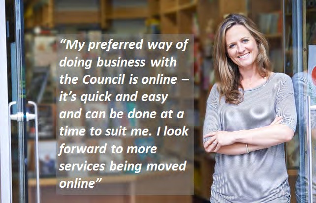 photo of a woman standing at a building entrance with a quote informing she prefers to do things online