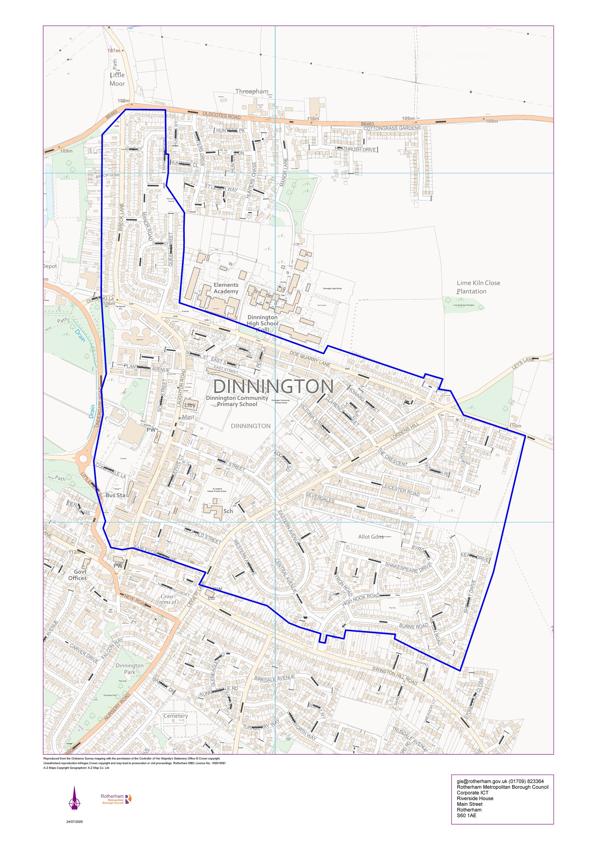 A map with a blue boundary line of Dinnington.