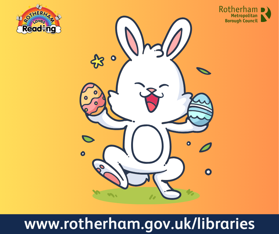 Easter Bunny dancing with an Easter egg both hands