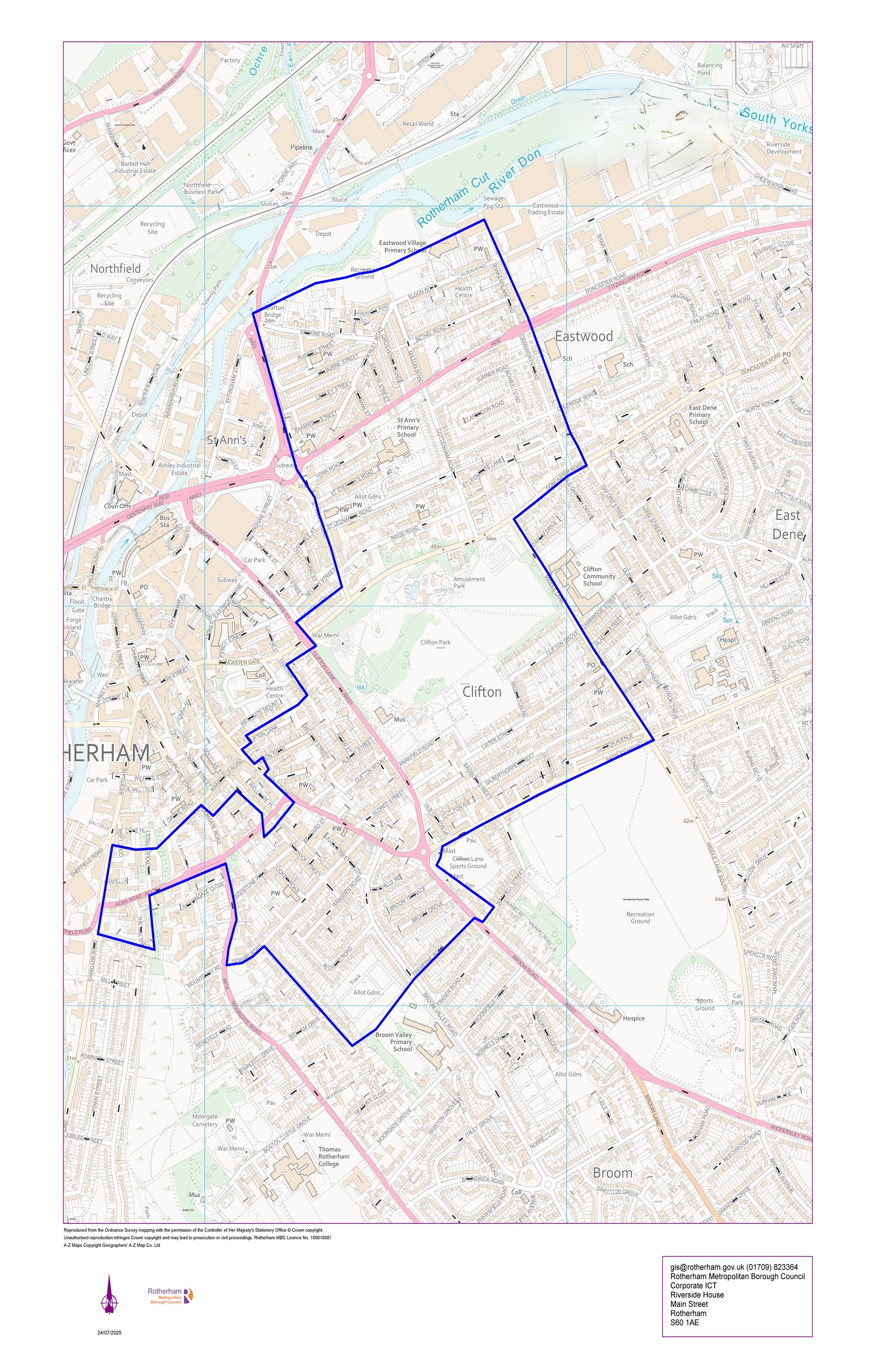 A map with a blue boundary line for Town centre / Eastwood / Clifton / Boston Castle.