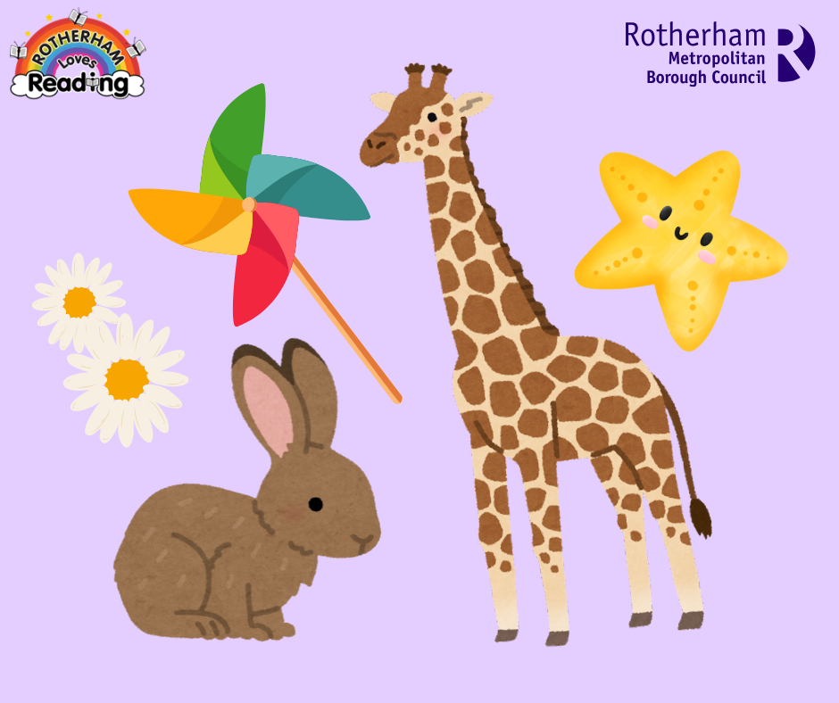 A brown rabbit next to two daisies. A rainbow wind turner, and a giraffe next to a yellow star.