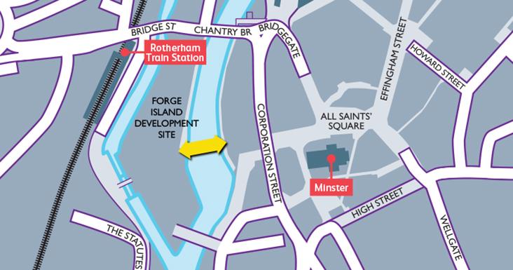 A map of central Rotherham with the Forget Island Footbridge highlighted