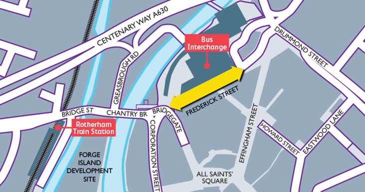 Map of central Rotherham with Frederick Street highlighted