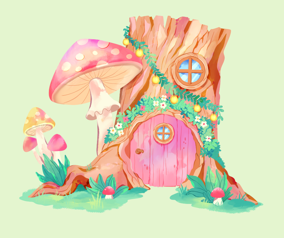Fairy door in a tree stump with a wild mushroom growing from it