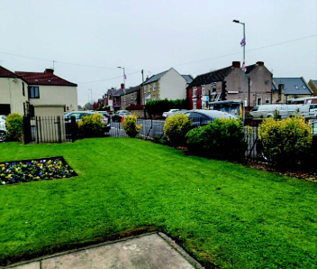 A grass section of the Cenotaph area, with Greenery next to the fencing in the back.