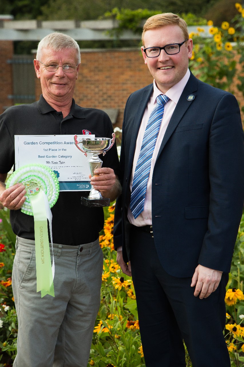 photo of a garden competition 2019 winner & Cllr Beck