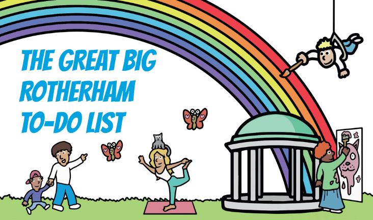 Great Big Rotherham To Do List title image with rainbow.