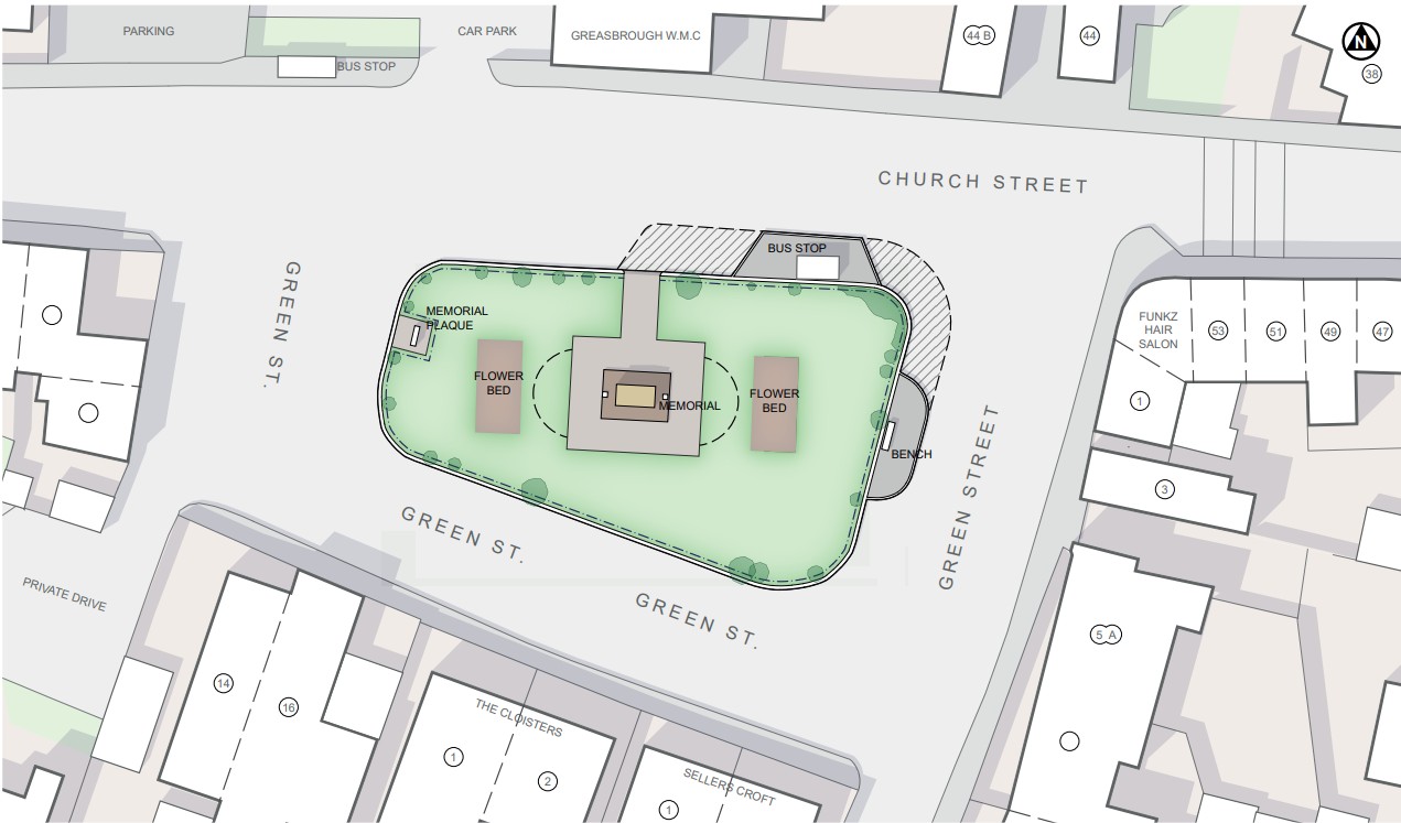 A map showing the area around the Greasbrough cenotaph