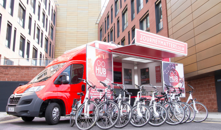 A row of shiny bikes lined up in front of the cycle hub truck