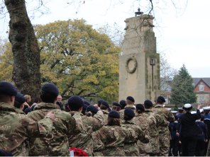 Army Cadets marching towards the Clifton Park Cenotaph.