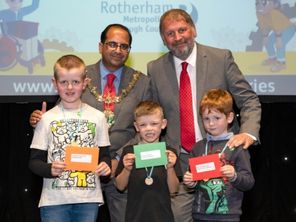 Rotherham Mayor, Cllr Khan, with Cllr Sheppard and some of the Magna Pass Winners.