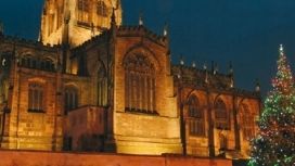 A Christmas tree stood in front of Rotherham Minster.