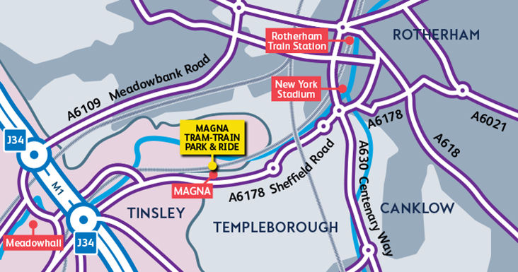 A map of the Templeborough area highlighting the new MAGNA tram train stop, with connections to Rotherham and Sheffield 
