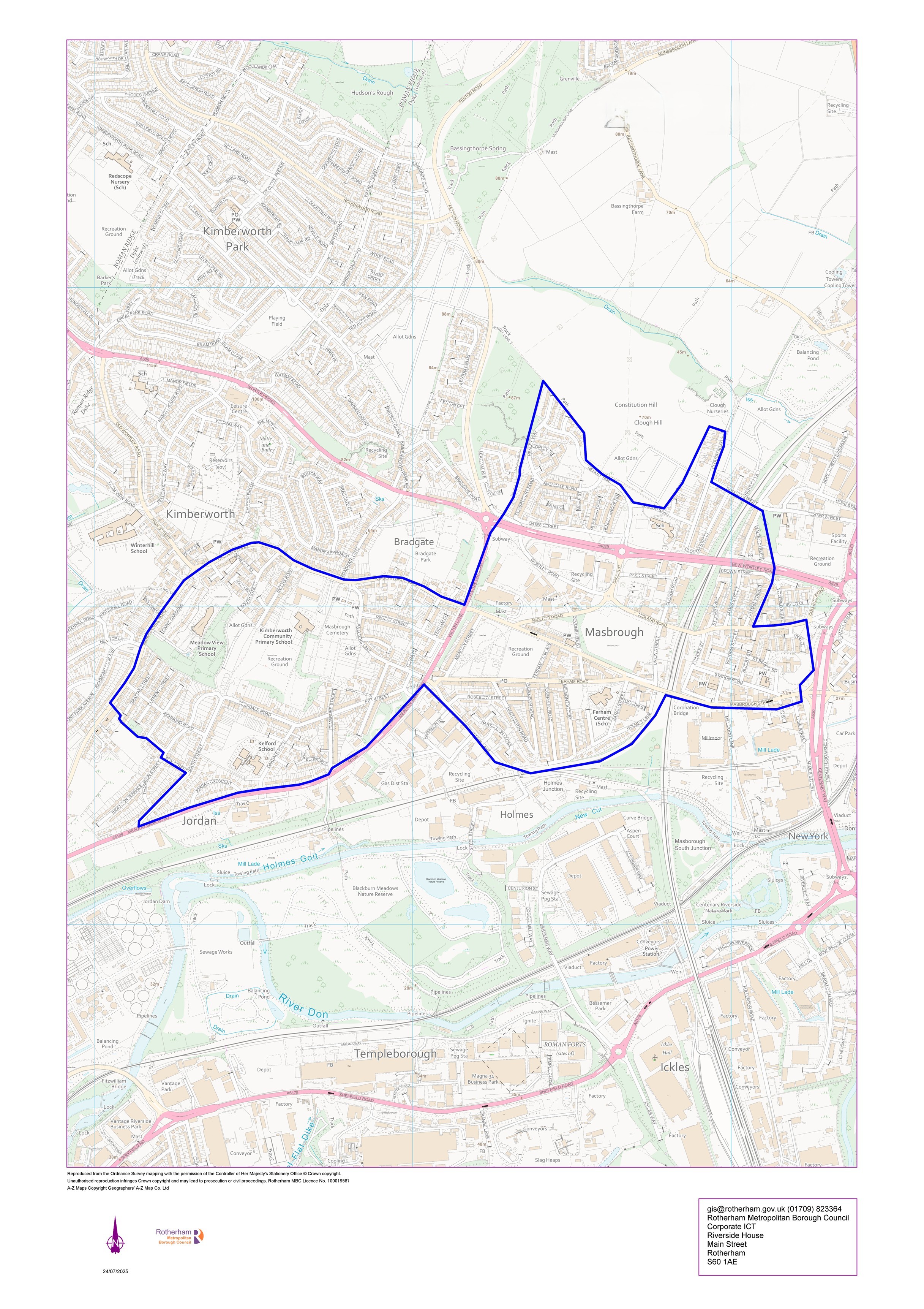 A map with a blue boundary line of Masbrough / Kimberworth.
