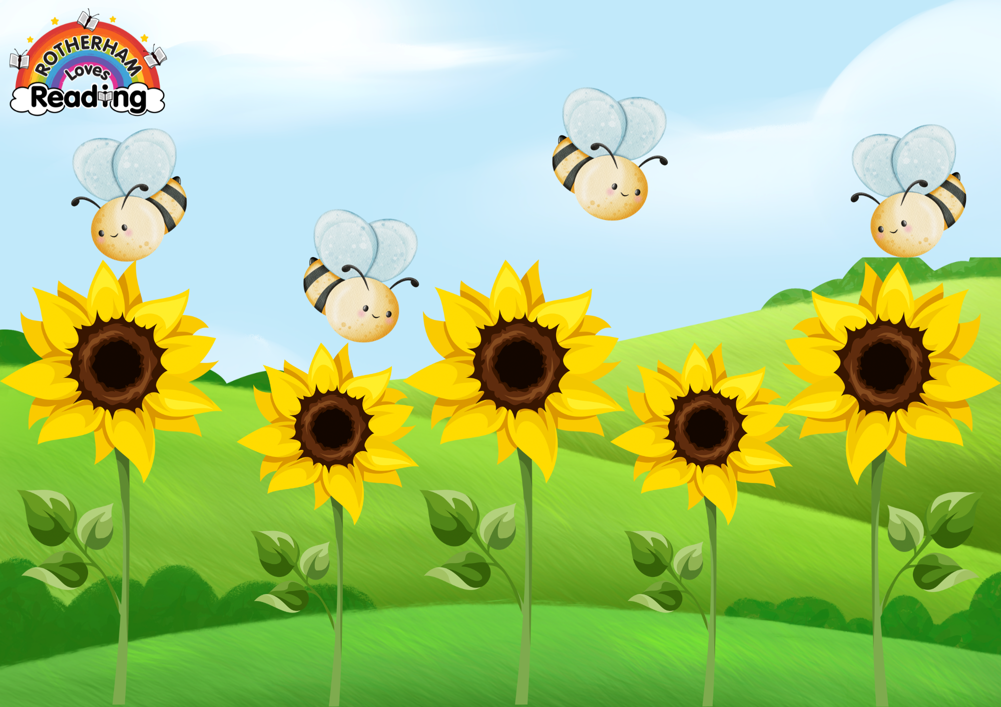 Five sunflowers in a green field. Four bees are flying around the sunflowers.