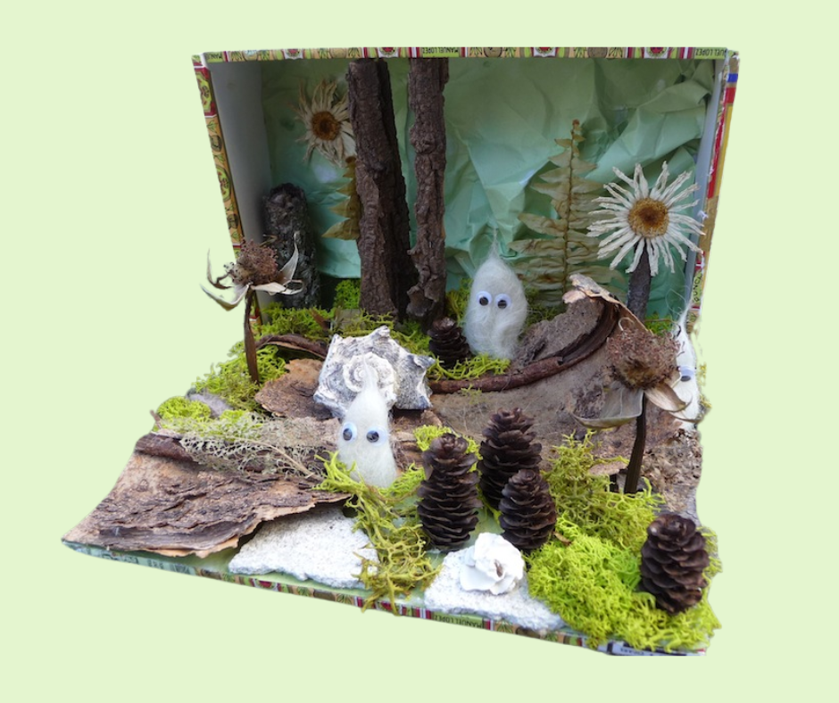 Nature diorama of a green forest with pine cones and flowers.