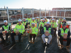 Project partners including Rotherham Council, Muse and B+K enjoy sweet success of topping out ceremony at Forge Island. Credit Joe Horner