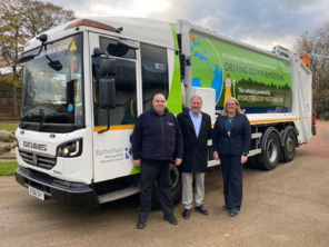 Cllr Sheppard with a Rotherham Council lorry which uses vegetable oil on a fuel trial.